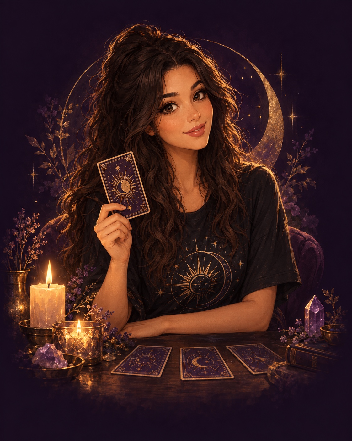 Painterly portrait of a dark-haired tarot reader holding a gold-etched card, surrounded by candlelight and a crescent moon