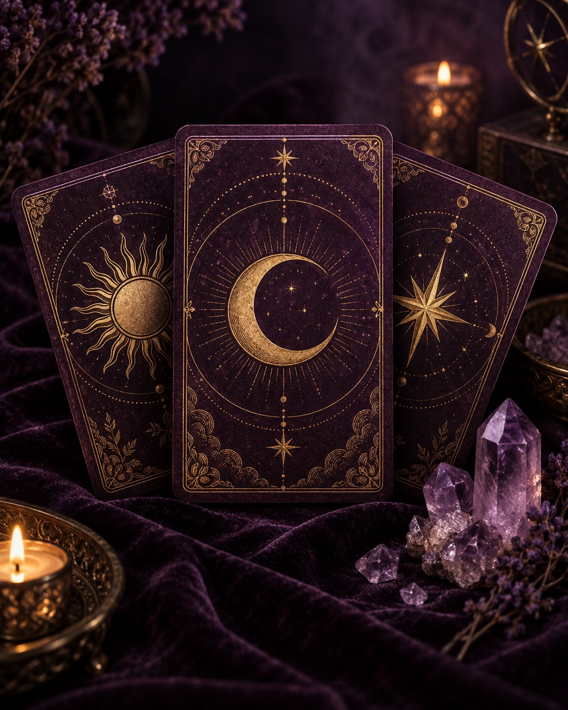 Gold-engraved moon, sun, and star tarot cards on purple velvet beside amethyst crystals